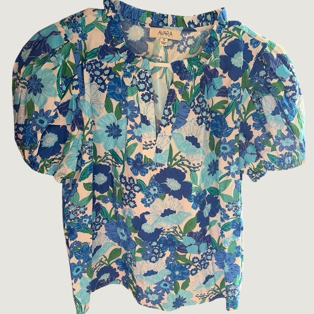 Avara Blue Floral Ruffle Neck‎ Puff Sleeve Blouse Small